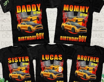 May include: Set of five black t-shirts with a yellow car graphic and the text "Birthday Boy" on each shirt. The shirts have different text above the car graphic, including "Daddy of the", "Mommy of the", "Sister of the", "Brother of the", and "Lucas of the".