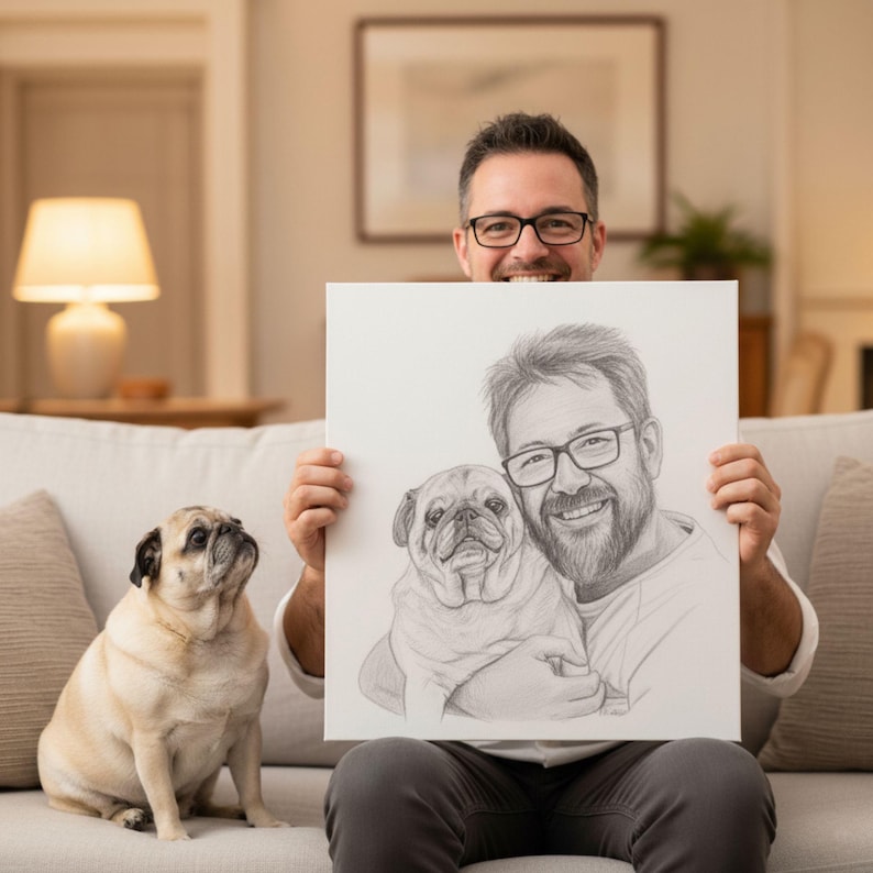 May include: A pencil sketch portrait of a man and a pug dog. The man is wearing glasses and smiling. A real pug dog sits next to the man. The portrait is held up by the man.
