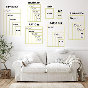 May include: A wall display showcasing various rectangular frame sizes and aspect ratios. Sizes include 24"x36", 20"x30", 16"x24", 12"x18", 8"x12", 18"x24", 15"x20", 12"x16", 9"x12", 6"x8", 24"x24", 20"x20", 16"x16", 12"x12", 8"x8", 24"x30", 16"x20", 12"x15", 8"x10", 11"x14", 5"x7", A1-A4 (ISO).