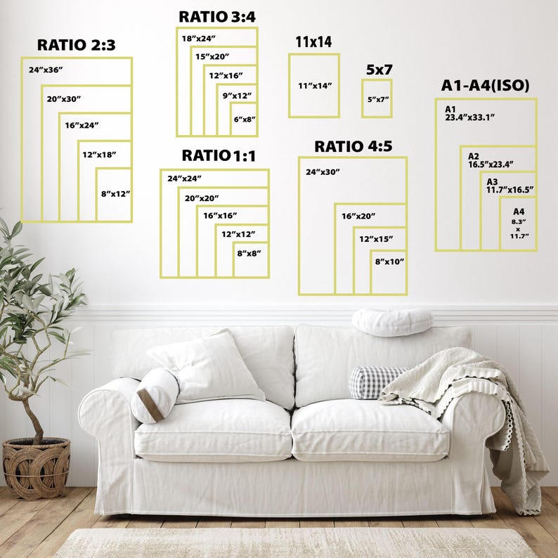 May include: A wall display showcasing various rectangular frame sizes and aspect ratios. Sizes include 24"x36", 20"x30", 16"x24", 12"x18", 8"x12", 18"x24", 15"x20", 12"x16", 9"x12", 6"x8", 24"x24", 20"x20", 16"x16", 12"x12", 8"x8", 24"x30", 16"x20", 12"x15", 8"x10", 11"x14", 5"x7", A1-A4 (ISO).