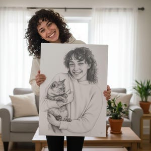 May include: A black and white pencil portrait of a person holding a cat. The portrait depicts the person smiling and holding the cat, which is also looking at the viewer. The portrait is on a white canvas.