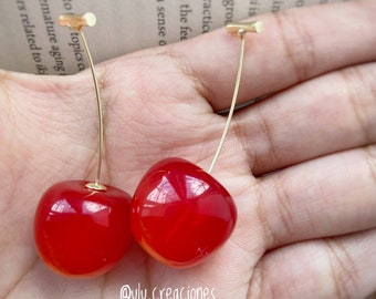 Cherry shaped earrings, Cute dropping kawaii red cherries statement earrings, big resin earrings, gift for her, food earrings