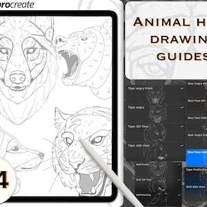 Animal Head Drawing Guide stamps, animal brush, wolf stamps, tiger stamps, bear stamps, procreate stamps, procreate brushes