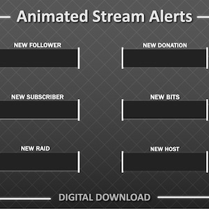 Alertas animados do Twitch | Pacote de alerta de fluxo animado | Alertas pretos minimalistas | Alertas de transmissão | Streaming de gráficos