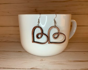 Heart Shaped Dangle Drop Earrings. Valentine’s earrings, wood earrings
