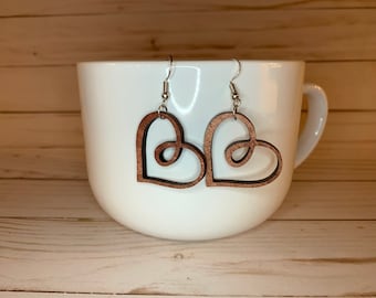 Heart Shaped Dangle Drop Earrings. Valentine’s earrings, wood earrings