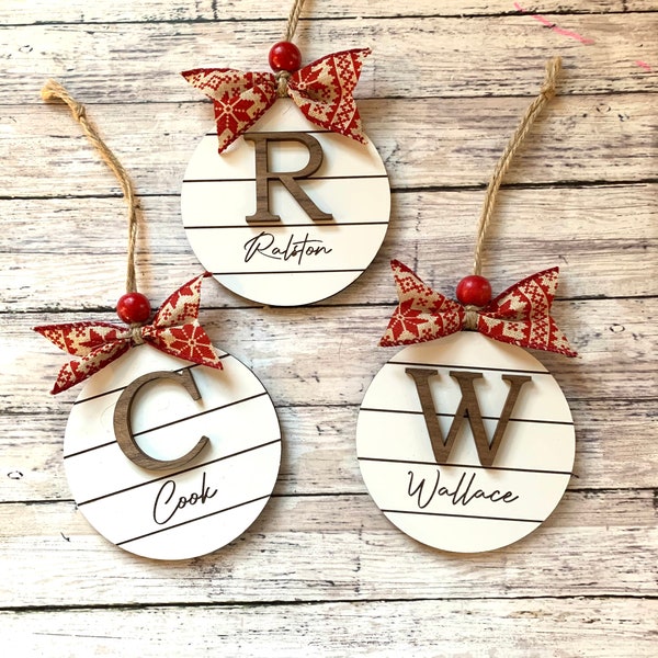 Custom Family Ornament, Last Name Ornament, Shiplap Ornament, Initial Ornament, Rustic Ornaments, Farmhouse Ornaments, Holiday Ornaments