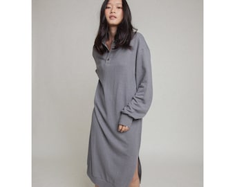 Orejas Women's Maxi Polo Hemp Organic Cotton Sweatshirt Maxi Dress - Hemp French Terry Material, Mother of Pearl Buttons, Hemp Fashion