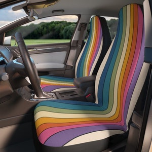 Retro Rainbow Car Seat Cover for Women Full Set Cute, Colorful 70s Front Bucket Seat Back Seat Cover for Vehicle, Boho Hippie Car Decor Gift