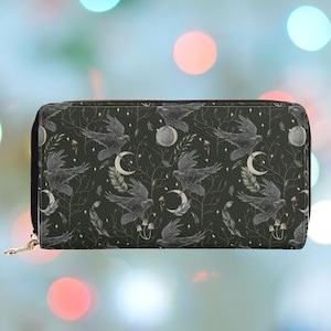 Lunar Raven Geldbörse für Frauen Schwarz Reißverschluss mit Münzfach Vegan Leder PU Geldbörse Niedliches Vegan Witchy Geschenk für sie Raben Geschenk