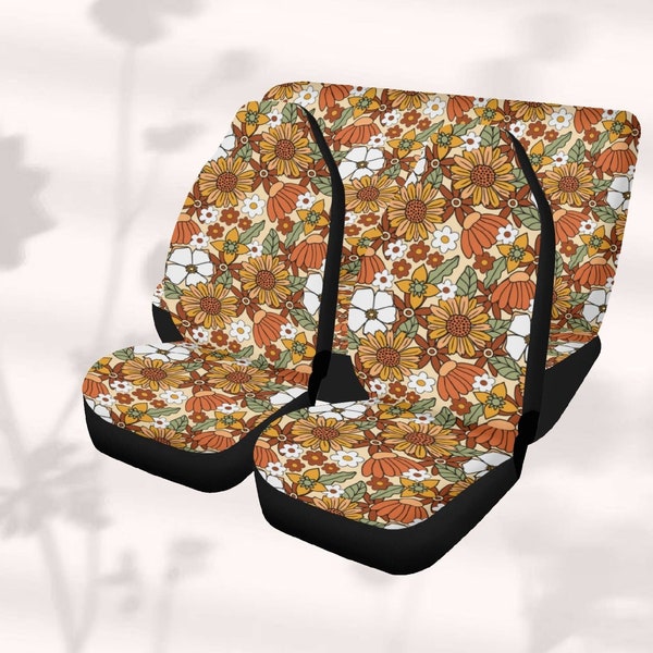 Hippie Floral Seat Cover for Car Full Set, Flower Car Seat Cover for Women, Boho Cottagecore Seat Cover for Vehicle, Aesthetic Car Gift