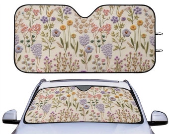 Lavender Spring Windshield Sun Shade, Floral Windshield Sunshade Boho, Cottagecore Car Sunshade, Sun Visor for Windshield, Faux Embroidery