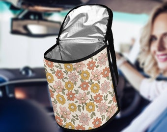 Cottageore Flower Car Trash Bag, Boho Flowers Car Trash Can with Lid, Waterproof Garbage Bag for Car Leakproof, Aesthetic Car Decor