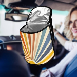 Retro Sunrise Car Trash Bag, Orange Car Trash Can with Lid, Waterproof Garbage Bag for Car Leakproof, 70s Aesthetic Car Decor