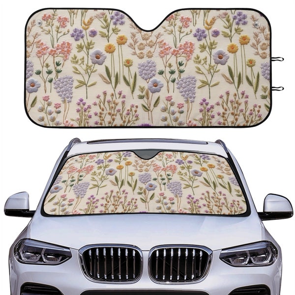 Lavender Spring Windshield Sun Shade, Floral Windshield Sunshade Boho, Cottagecore Car Sunshade, Sun Visor for Windshield, Faux Embroidery