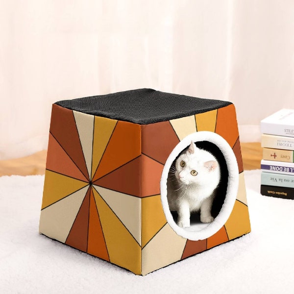 Nichoir pour chat rétro éclatant, nid pour chat brun orange, niche pour animal de compagnie cool, lit pour petit chien, lit pour animal de compagnie, caverne pour animal de compagnie, canapé pour animal de compagnie, meubles convertibles pour animal de compagnie