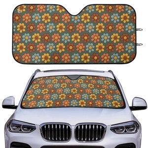 Smiley Flower Windshield Sun Shade, Retro Floral Windshield Sunshade, Green Sunshade Sun Visor for Car Windshield, Hippie Car Decor