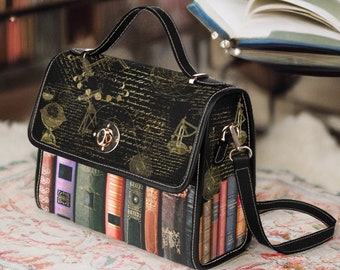 Bolso de libro, bolso de libro, bolso de cartera Bookcore, bolso de cuero vegano de libro vintage, bolso bandolera de biblioteca, estética de la academia, manuscrito de Galileo