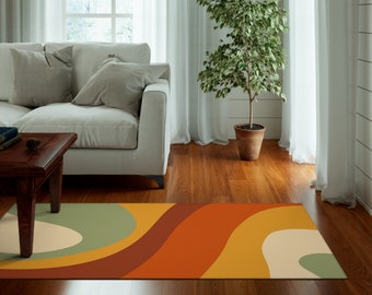 Retro Groovy Wave Rug, 70s Area Rug, Orange Floor Mat, Colorful Carpet for Home Office Living Room Bedroom Kitchen, Retro Home Decor Gift