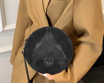Bat Eyes Crossbody Bag, Gothic Round Handbag Small, Goth Cross Body Bag, Black Vegan Leather Purse, Gift for Her, Bat Eye in the Dark