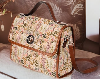 Wildflower Meadow Handbag Vegan Leather Canvas Crossbody Satchel Bag, Faux Embroidery Floral Purse Cottagecore