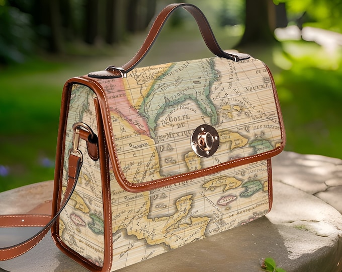 Vintage Map Handbag Crossbody Satchel Bag Vegan Leather Canvas: Age of Discovery, Middle America, Academia Aesthetics