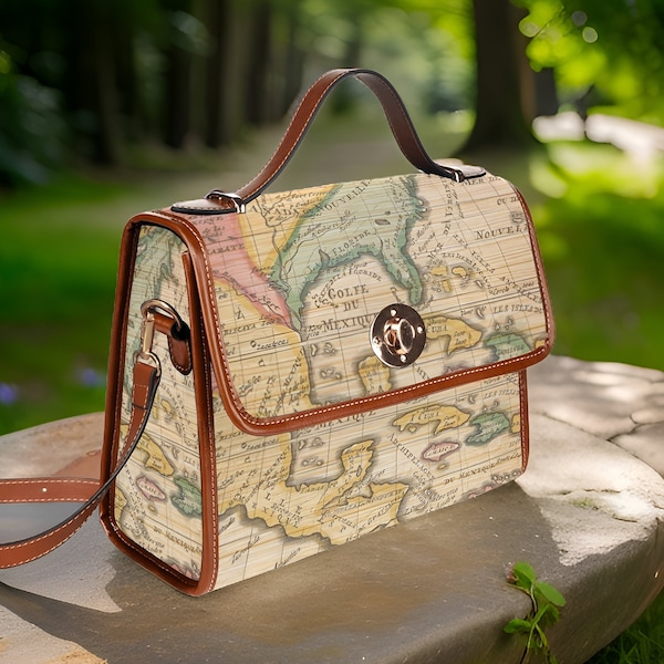 Vintage Map Handbag Crossbody Satchel Bag Vegan Leather Canvas: Age of Discovery, Middle America, Academia Aesthetics