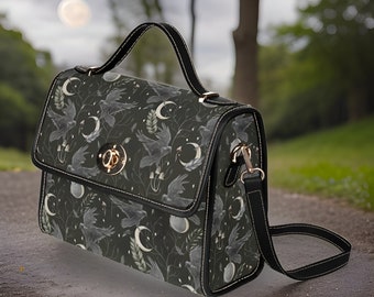 Lunar Raven Handbag Witchy, Moon Satchel Bag, Vegan Leather Canvas Crossbody Purse Crow Gift