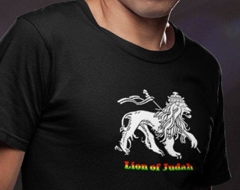 Rasta T-Shirt Jah Star Wear Lion Of Judah Gold Embroidered Black/white 