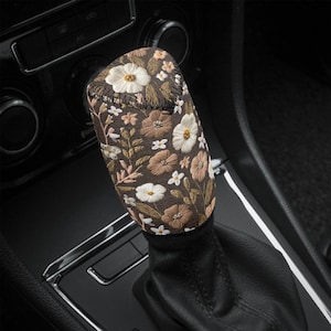 White Blossoms Shift Knob Cover for Women Cottagecore Floral Shifter Gear Cover Cute Car Decor Gift for Her Faux Embroidery Not Embroidered