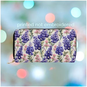 Larkspur Birthflower Wallet for Women Birth Flower Gift July Birth Month Flower Gift for Her Vegan Leather PU Zipper Wallet Faux Embroidery