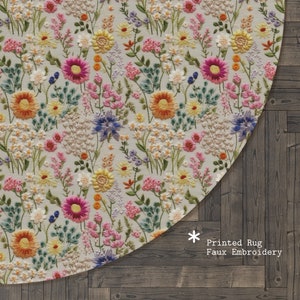 Floral Round Area Rug: Colorful Wildflower Faux Embroidery (60 inch)