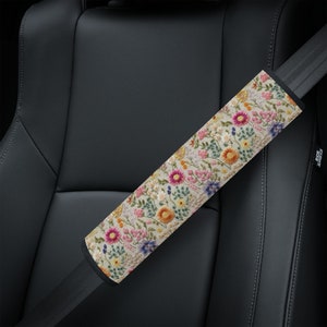 Summer Flower Bloom Seat Belt Cover Faux Embroidery, Floral Seat Belt Strap Cover Boho, Seat Belt Pad, Cottagecore Car Accessories for Women