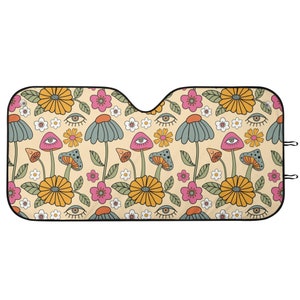Retro Mushroom Floral Windshield Sun Shade: Cottagecore Car Decor