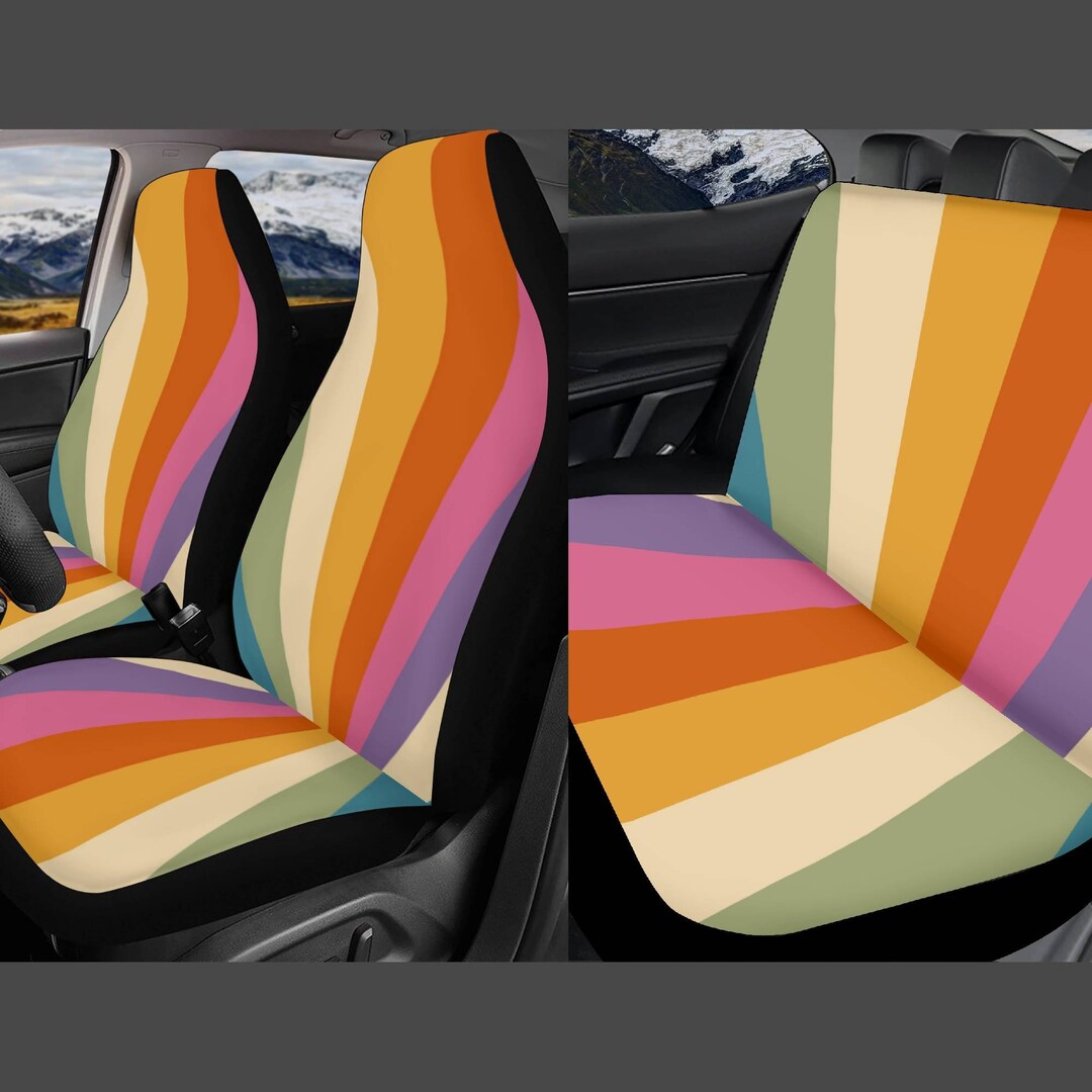 Retro Sun Ray Car Seat Cover Full Set, Rainbow Rays Car Seat Covers for