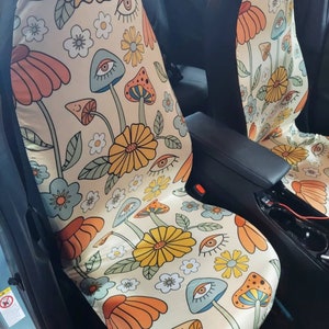 Ensemble complet de housses de siège auto champignon rétro crème, housse de siège bohème sorcière pour voiture pour femme, housse de siège cottagecore pour véhicule, cadeau déco voiture