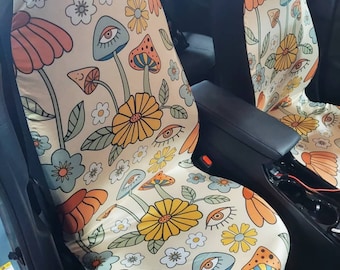 Retro Mushroom Car Seat Cover Full Set Cream, Boho Witchy Seat Cover for Car for Women, Cottagecore Seat Cover for Vehicle, Car Decor Gift