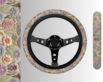 Pastel Blossom Steer Wheel Cover, Boho Floral Car Wheel Cover for Women, Steering Wheel Cover Cute, Car Decor, Gift for Her, Faux Embroidery