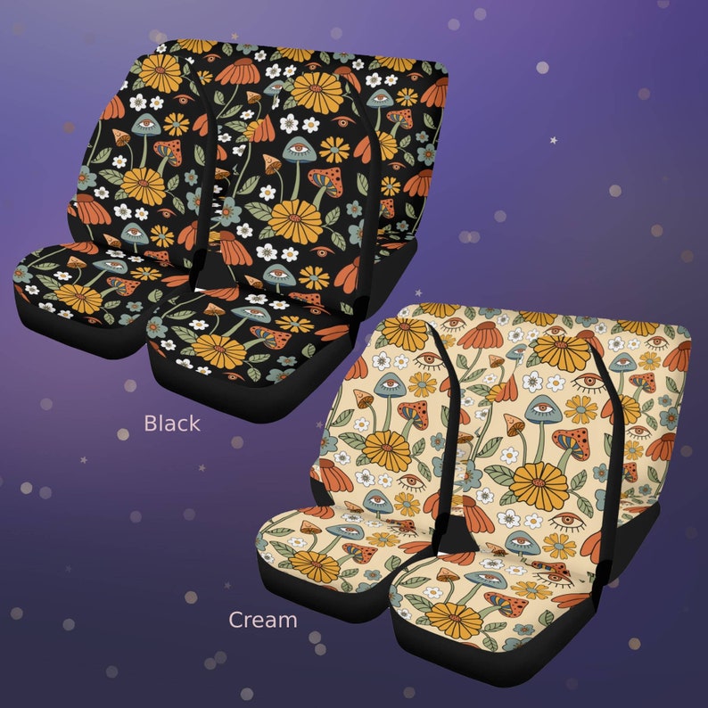 May include: Two sets of car seat covers, one with a black background and one with a cream background. Both feature a repeating pattern of yellow flowers, orange mushrooms, blue mushrooms with eyes, and small white flowers. The text Black and Cream is visible.