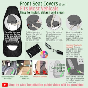 May include: A set of two black front seat covers with an instructional graphic showing installation steps, including pulling a fastening flap through the seat crevice, stretching the cover over the cushion, and securing elastic hooks to the back.