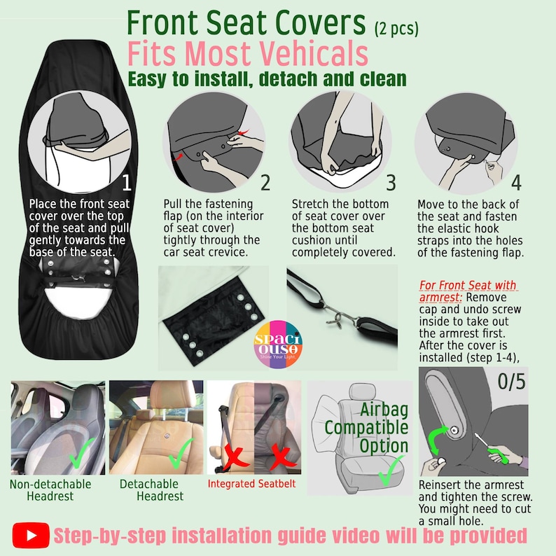 May include: A set of two black front seat covers with an instructional graphic showing installation steps, including pulling a fastening flap through the seat crevice, stretching the cover over the cushion, and securing elastic hooks to the back.