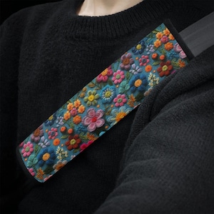 Enchanted Garden Seat Belt Cover Boho Floral Seat Belt Strap Cover Cottagecore Car Seat Belt Pad Indigo Car Gift for Her Faux Embroidery