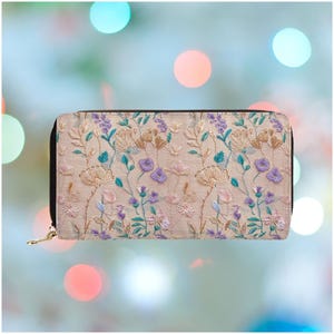 Portefeuille Morning Glory pour femme, septembre, fleur de naissance, fermeture éclair, portefeuille, sac à main en cuir végétalien, joli cadeau d'anniversaire de septembre pour elle, fausse broderie