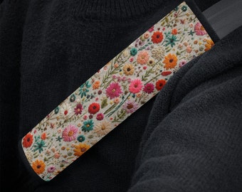 Summer Flower Seat Belt Cover Boho, Floral Car Decor Accessories Cottagecore, Faux Embroidery,