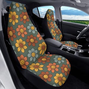 Smiling Flowers Car Seat Cover Full Set, Retro Car Seat Covers for Women, Floral Seat Cover for Vehicle Dark Green,Aesthetic Car Decor