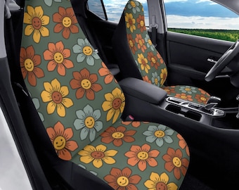 Smiling Flowers Car Seat Cover Full Set, Retro Car Seat Covers for Women, Floral Seat Cover for Vehicle Dark Green,Aesthetic Car Decor