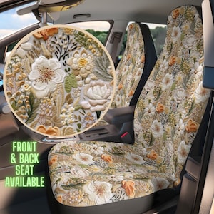 White Flower Meadow Seat Cover for Car, Boho Floral Car Seat Cover for Vehicle Full Set, Flower Seat Cover for Women, Faux Embroidery