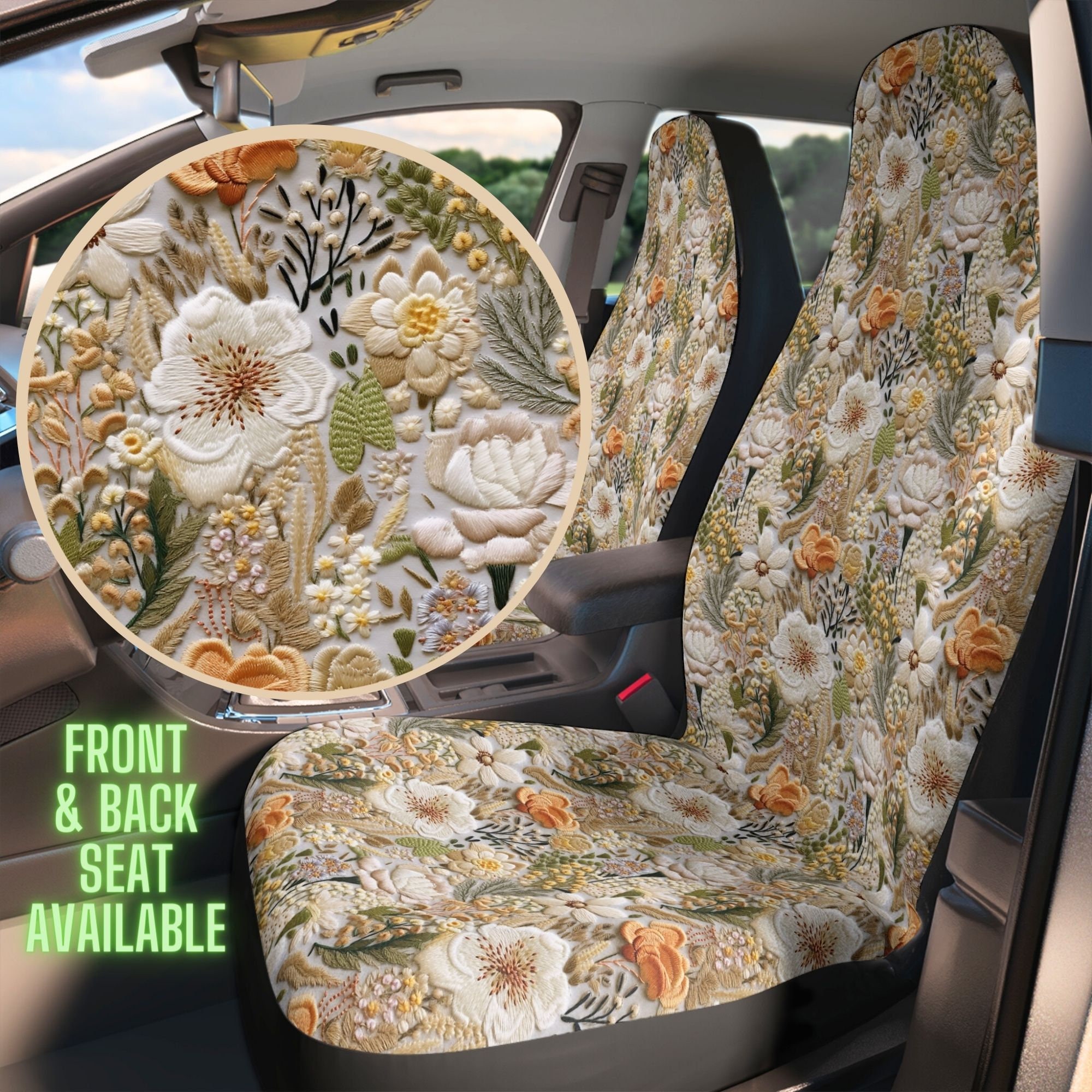 White Flower Meadow Seat Cover for Car, Boho Floral Car Seat Cover for Vehicle Full Set, Flower Seat Cover for Women, Faux Embroidery