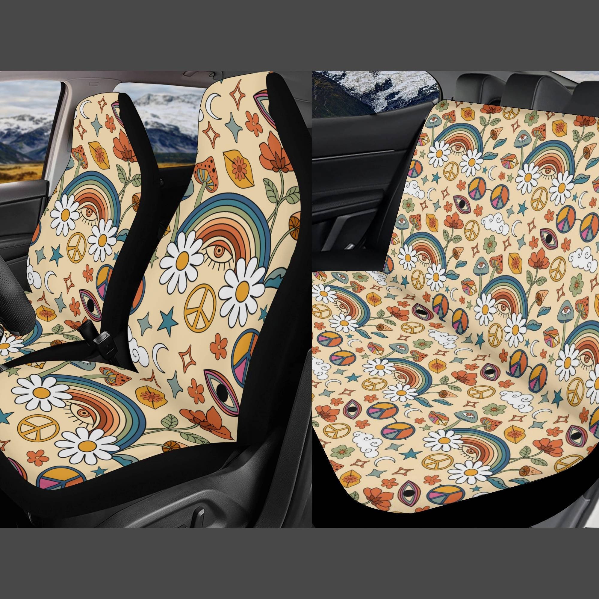 Discover Rainbow Peace Hippie Car Seat Covers, Cute Car Seat Cover Set, Retro Seat Cover for Vehicle, Aesthetic Car Accessories
