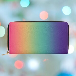 Cartera arcoíris para mujer, cartera con cremallera ombré, cartera grande colorida con monedero, cartera estética de piel sintética vegana, regalo para ella